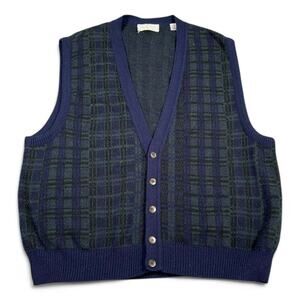 Vintage Murano Sweater Vest Adult LARGE Blue Green Blackwatch Plaid Cardigan 90s